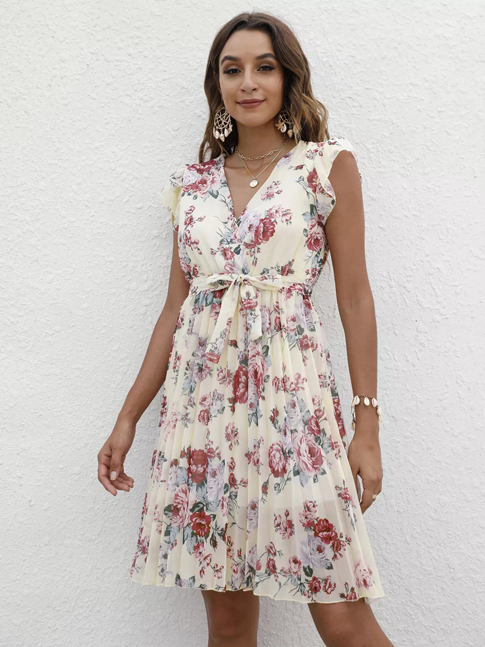 Pleated Floral Print Ruffle Sleeve Dress, image 18