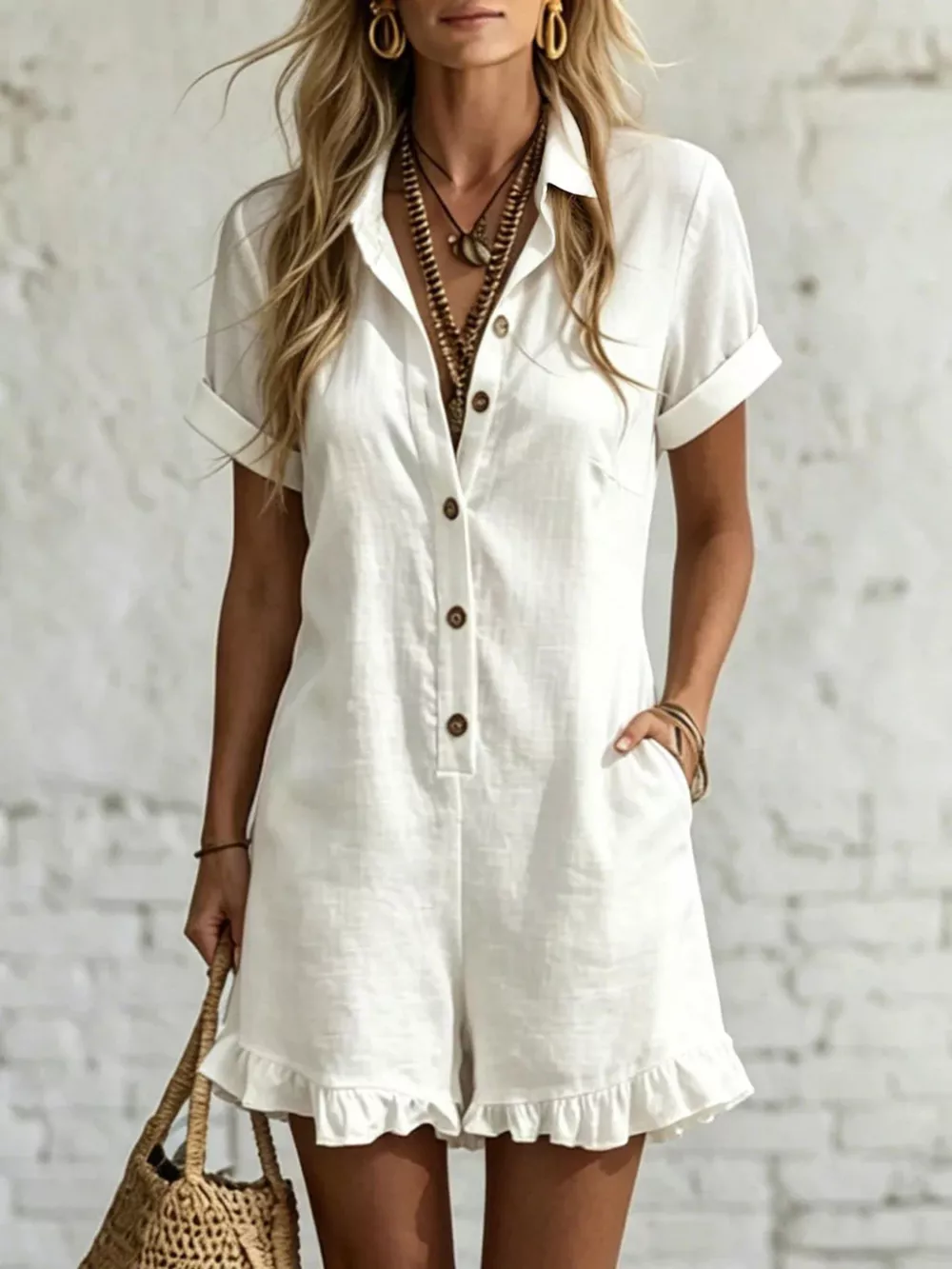 Full Size Button Front Ruffled Hem Romper Plus Size, image 6