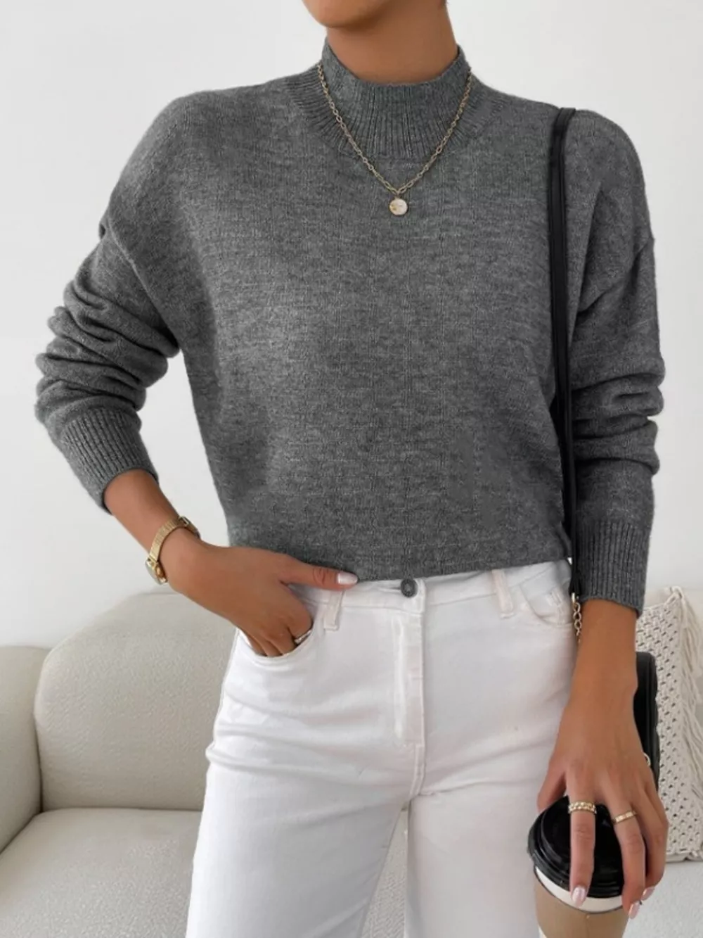 Mock Neck Dropped Shoulder Sweater, image 3