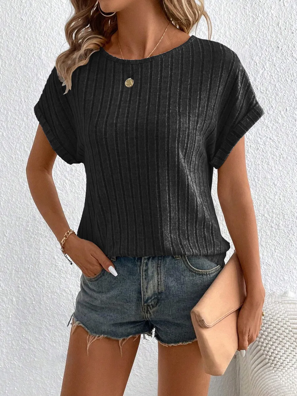 Plus Size Ribbed Texture Short Sleeve T-Shirt, image 4