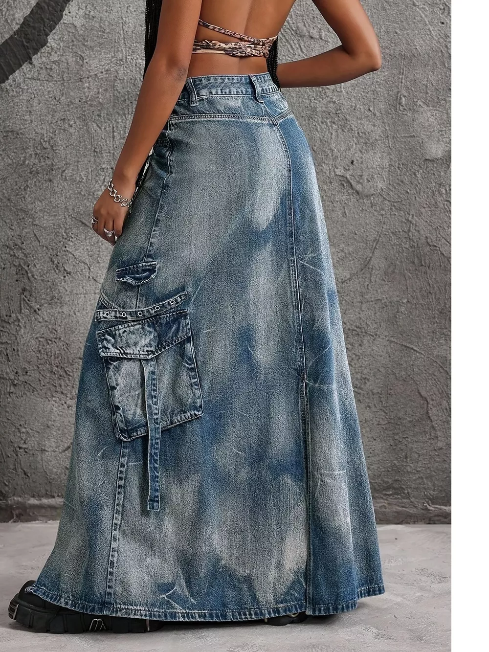 High-Waisted Denim Maxi Skirt with Zipper Slit, image 5