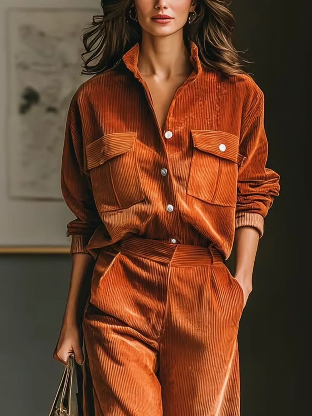 Corduroy Button-Down Shirt and Wide-Leg Pants Two-Piece Set, image 2