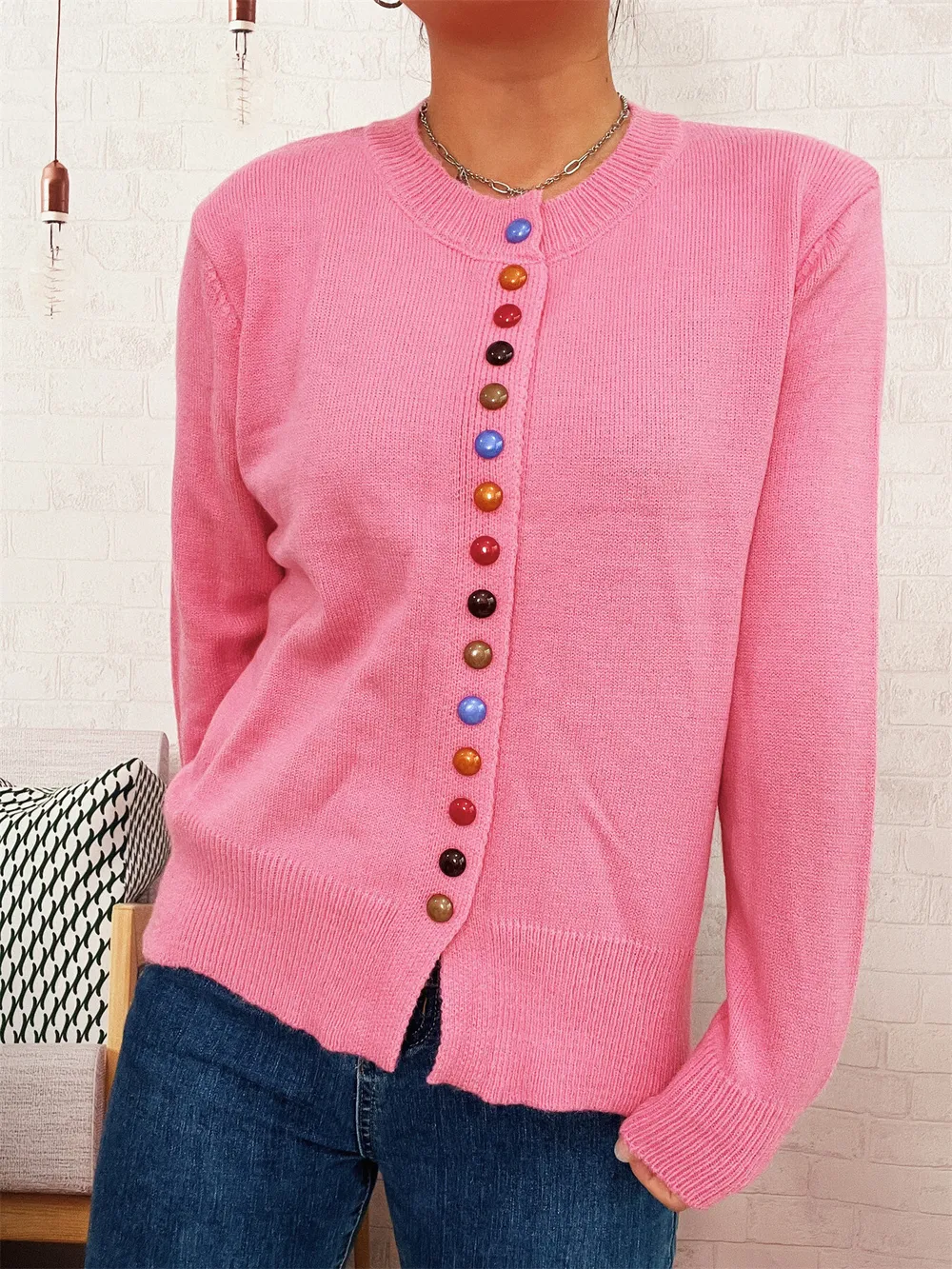 Button-Front Cardigan with Colorful Detail Buttons, image 3