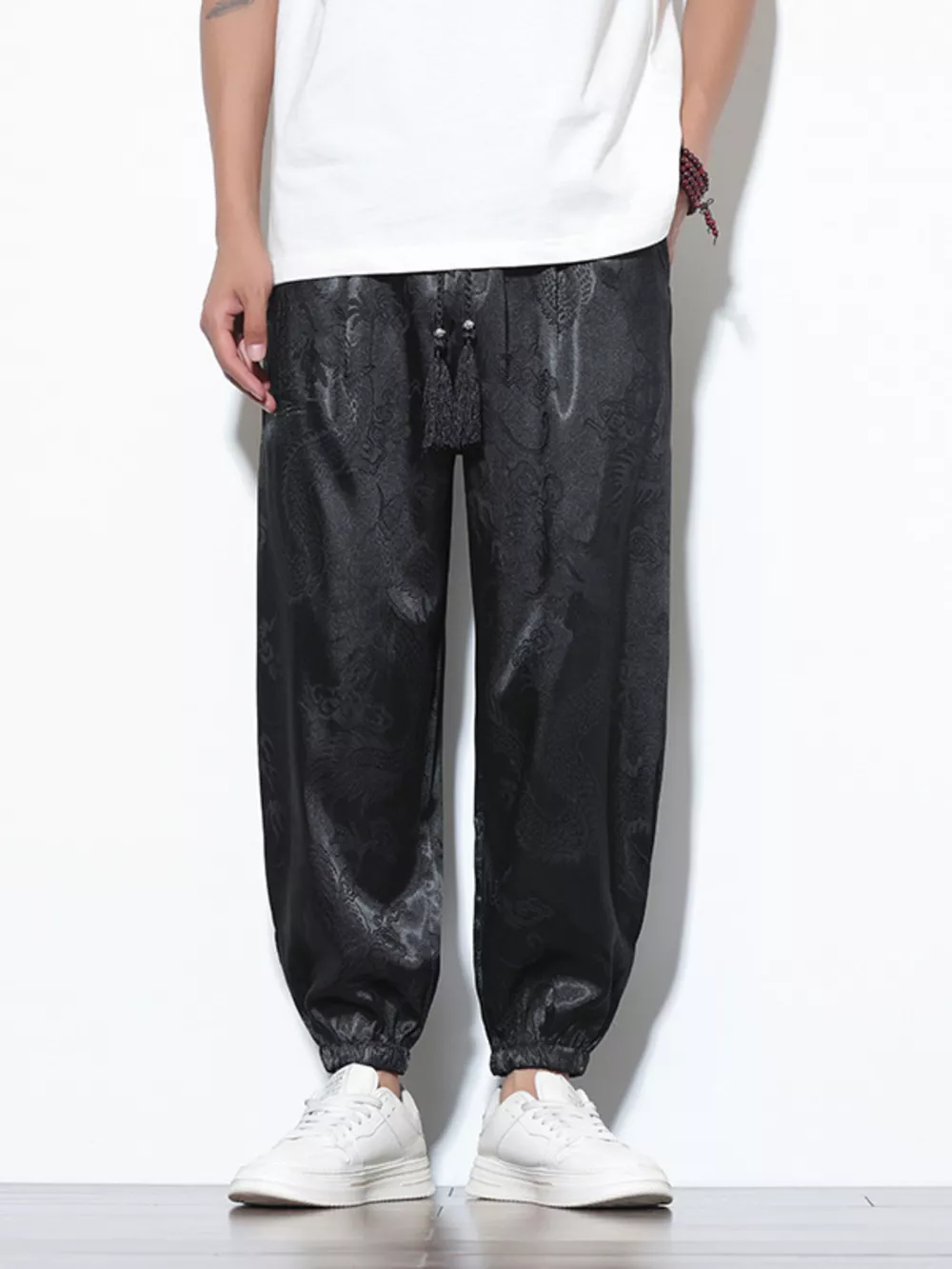 Men's Plus Size Dragon Pattern Silk Joggers