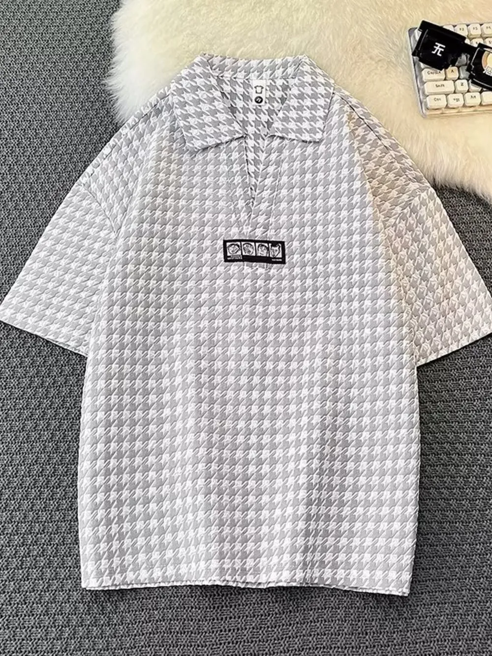 Men's Plus Size Houndstooth Pattern Short Sleeve Polo Shirt
