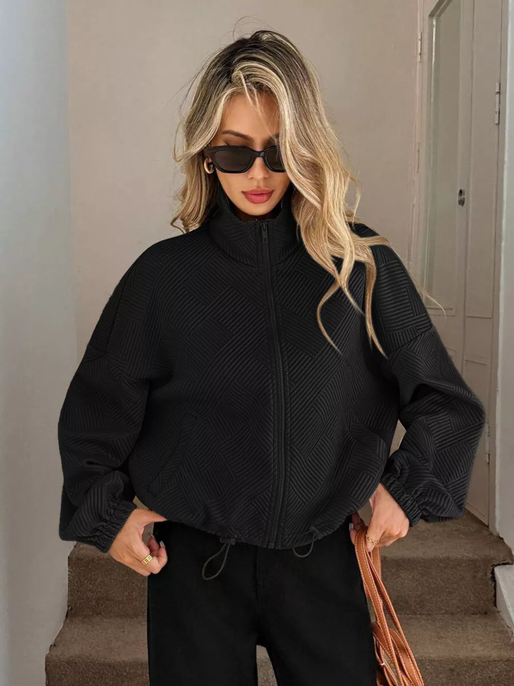 Drawstring Hem Textured Long Sleeve Jacket, image 3