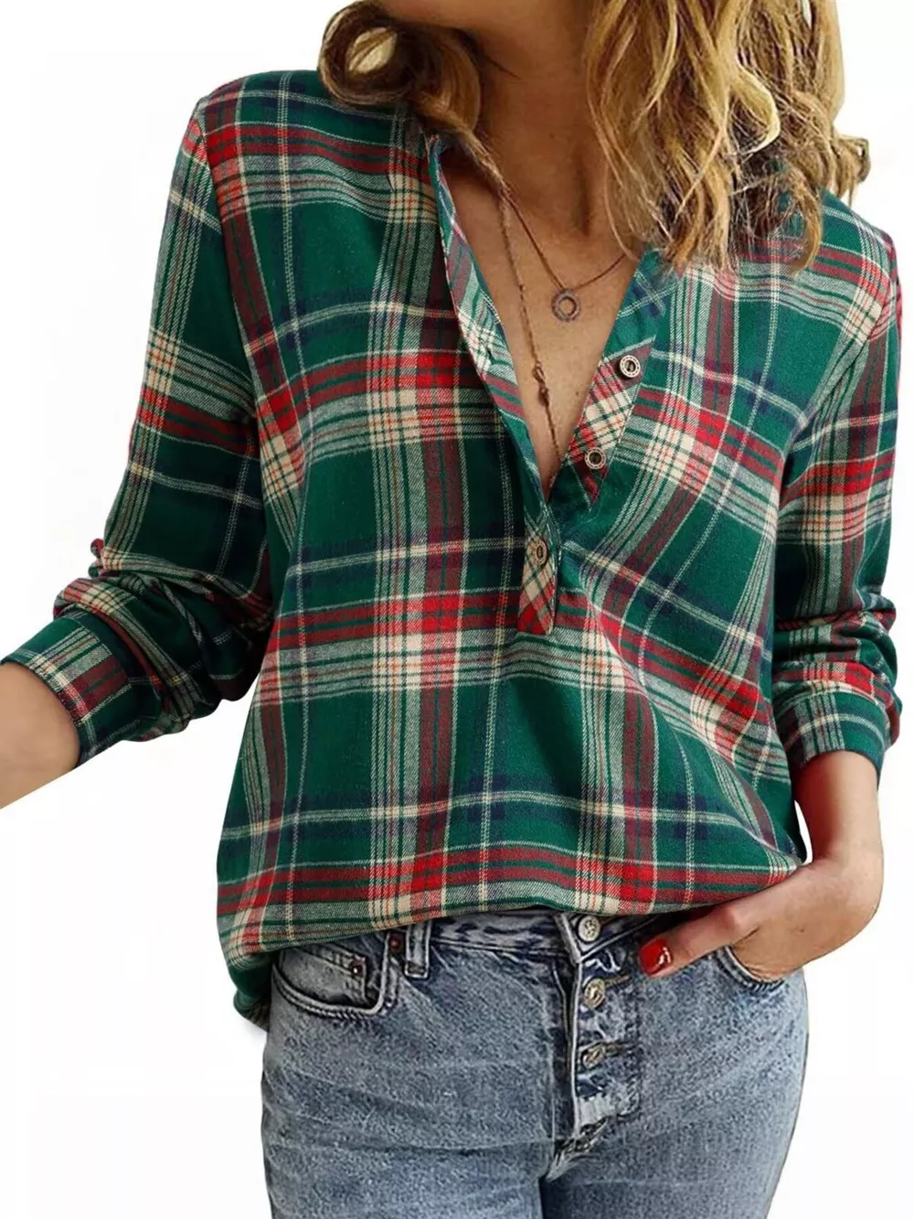 Plaid Half Button Long Sleeve Blouse, image 16