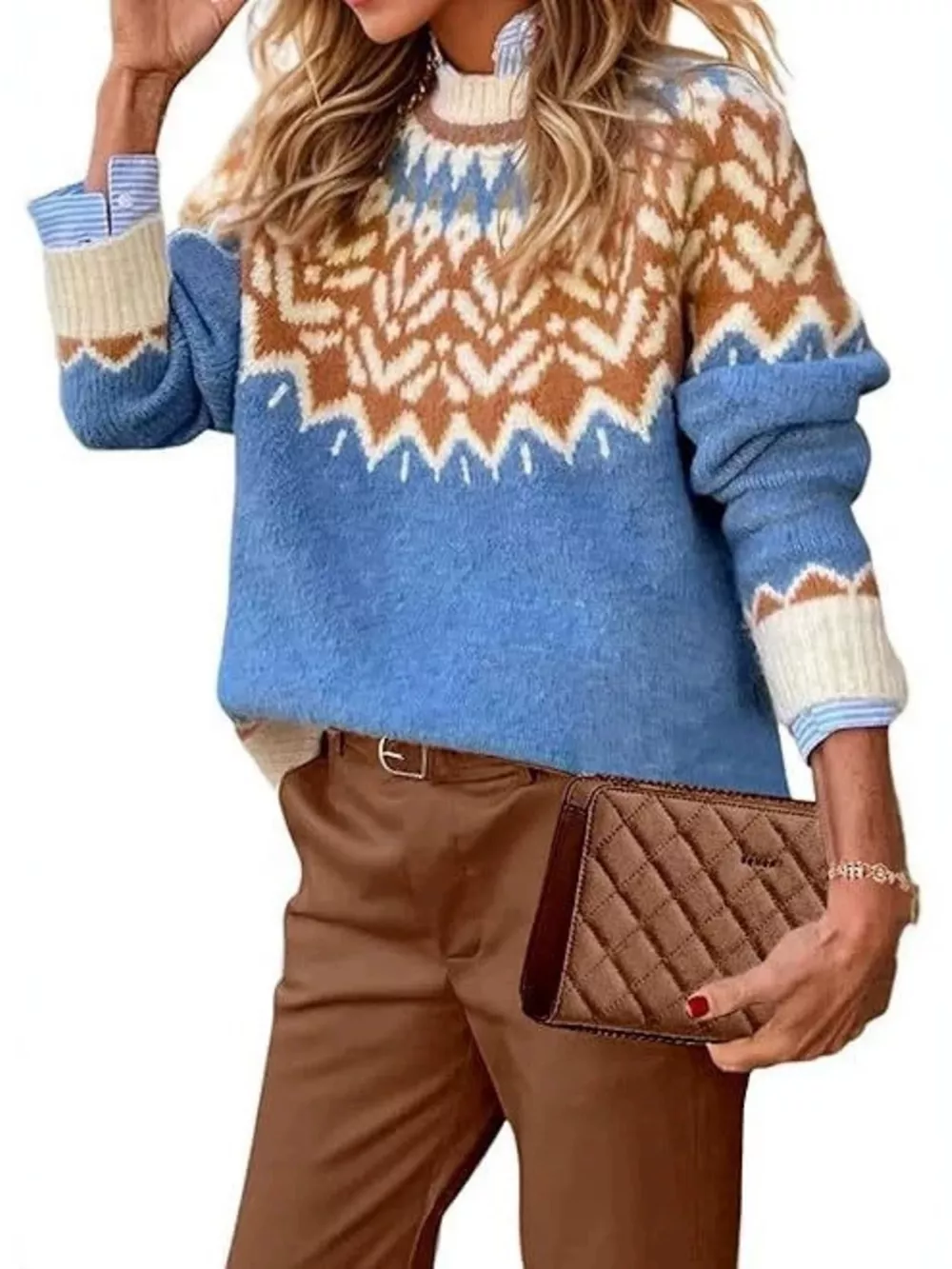 Full Size Fair Isle Patterned Long Sleeve Sweater Plus Size, image 2