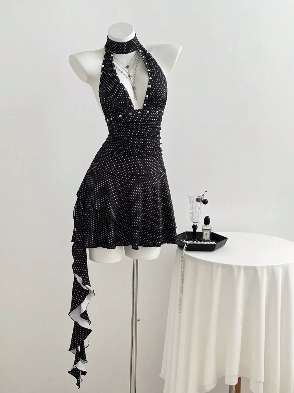 Polka Dot Cutout Front Halter Neck Dress, image 3