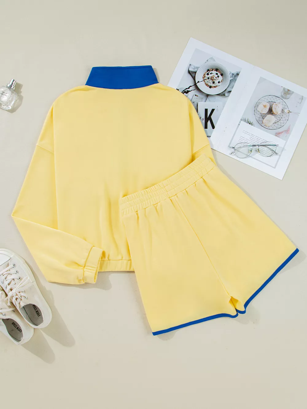 Color Block Patchwork Half Button Top and Shorts 2pcs Set, image 2