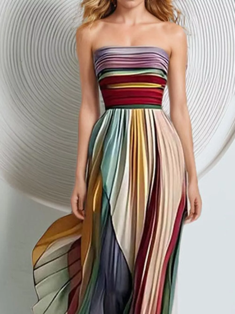 Striped Pleated Strapless Maxi Dress, image 2