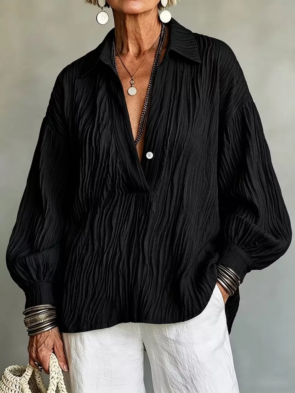 Full Size Texture Long Sleeve Blouse Plus Size, image 5
