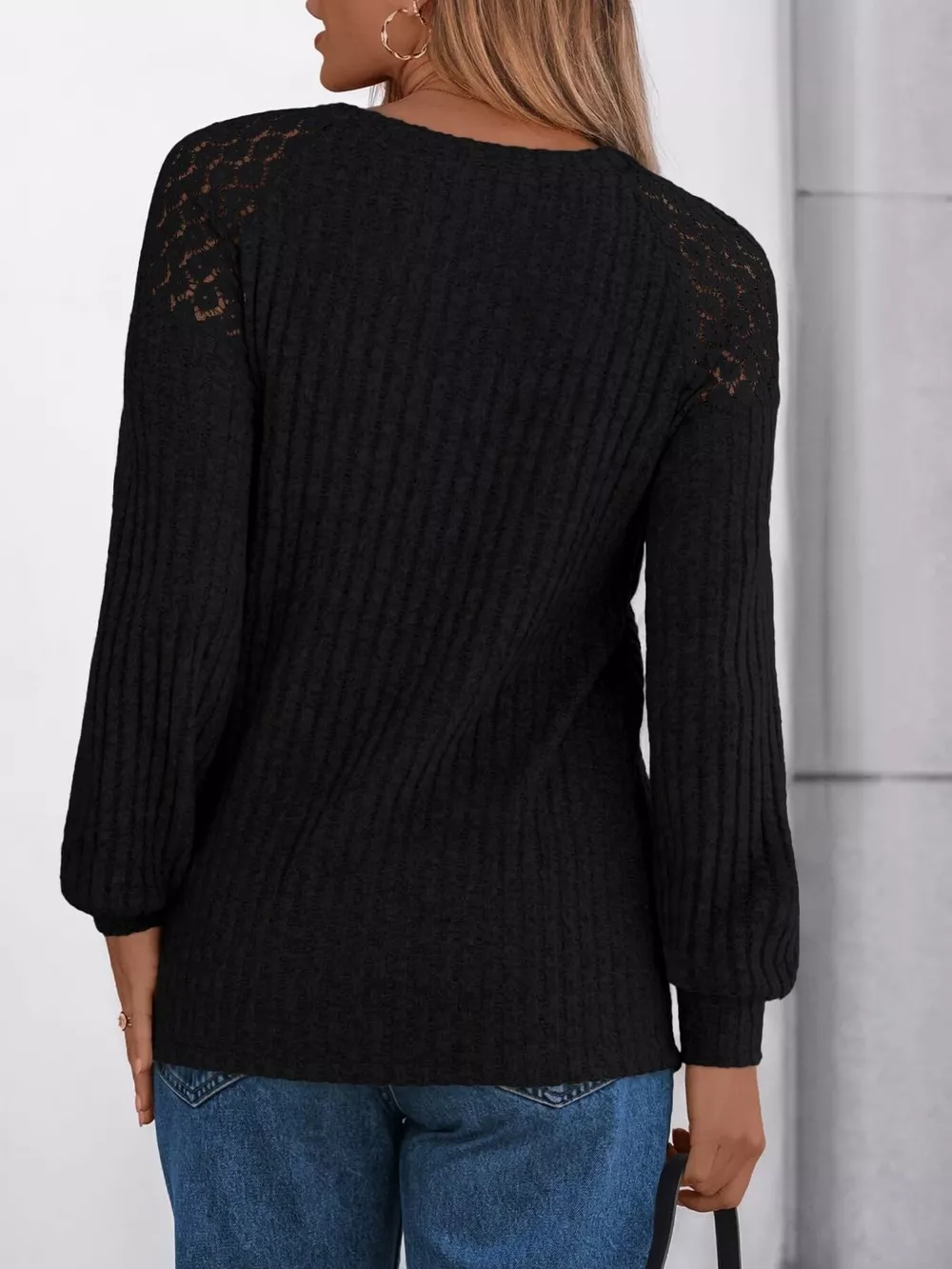 Ribbed Knit T-Shirt with Lace Shoulder Detail, image 3