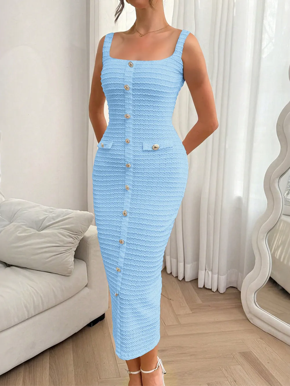 Slit Square Neck Sleeveless Midi Dress, image 2