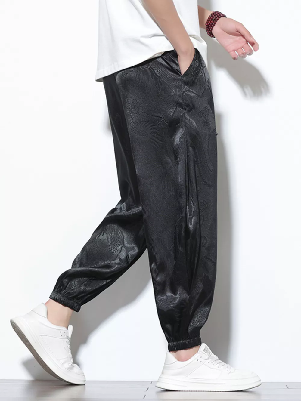 Men's Plus Size Dragon Pattern Silk Joggers, image 6