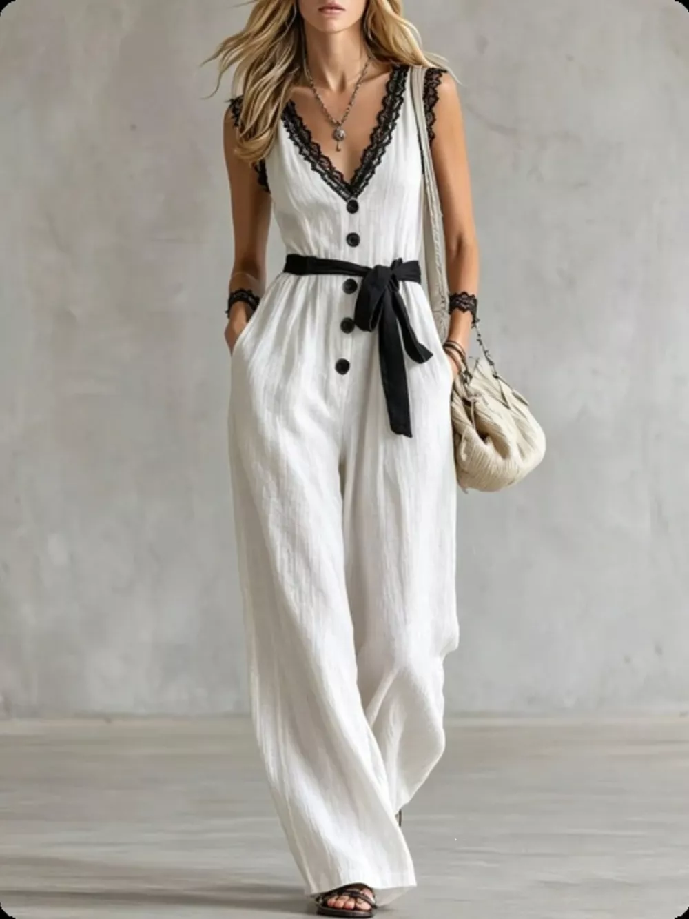 Lace Detail V-Neck Sleeveless Jumpsuit, image 2