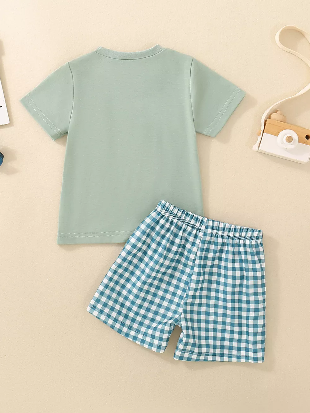 Children's Duck Embroidered T-shirt and Gingham Shorts Set, image 4