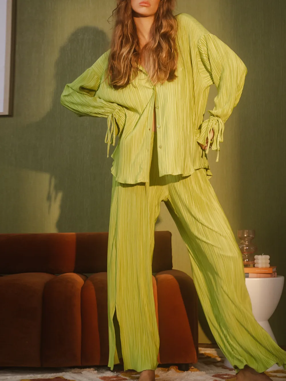 Button Up Long Sleeve Top and Pants Set, image 3