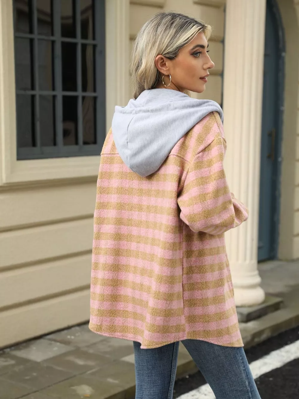 Plaid Button Up Long Sleeve Drawstring Hooded Jacket, image 19