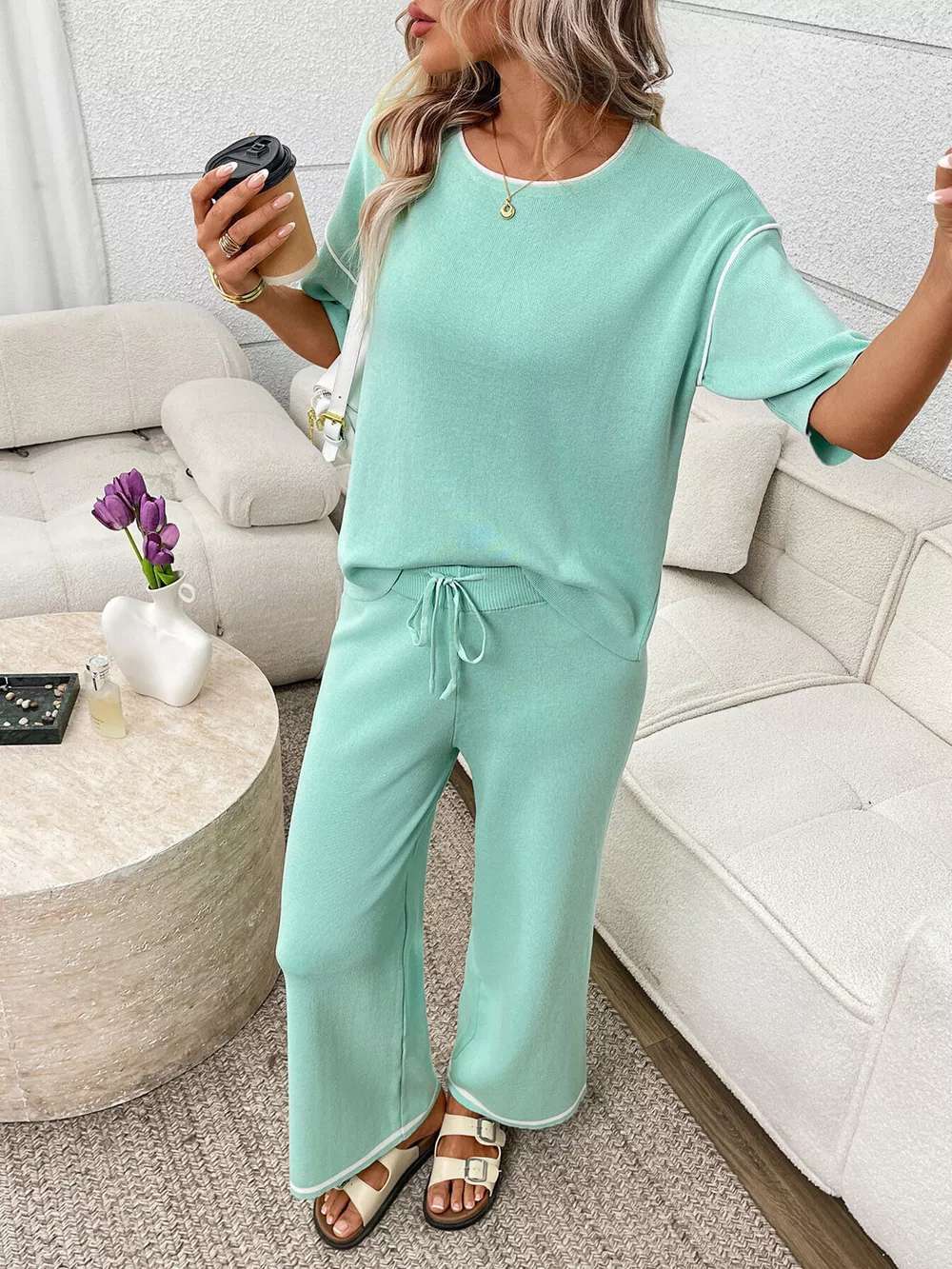Round Neck Half Sleeve Top and Pants Set, image 5