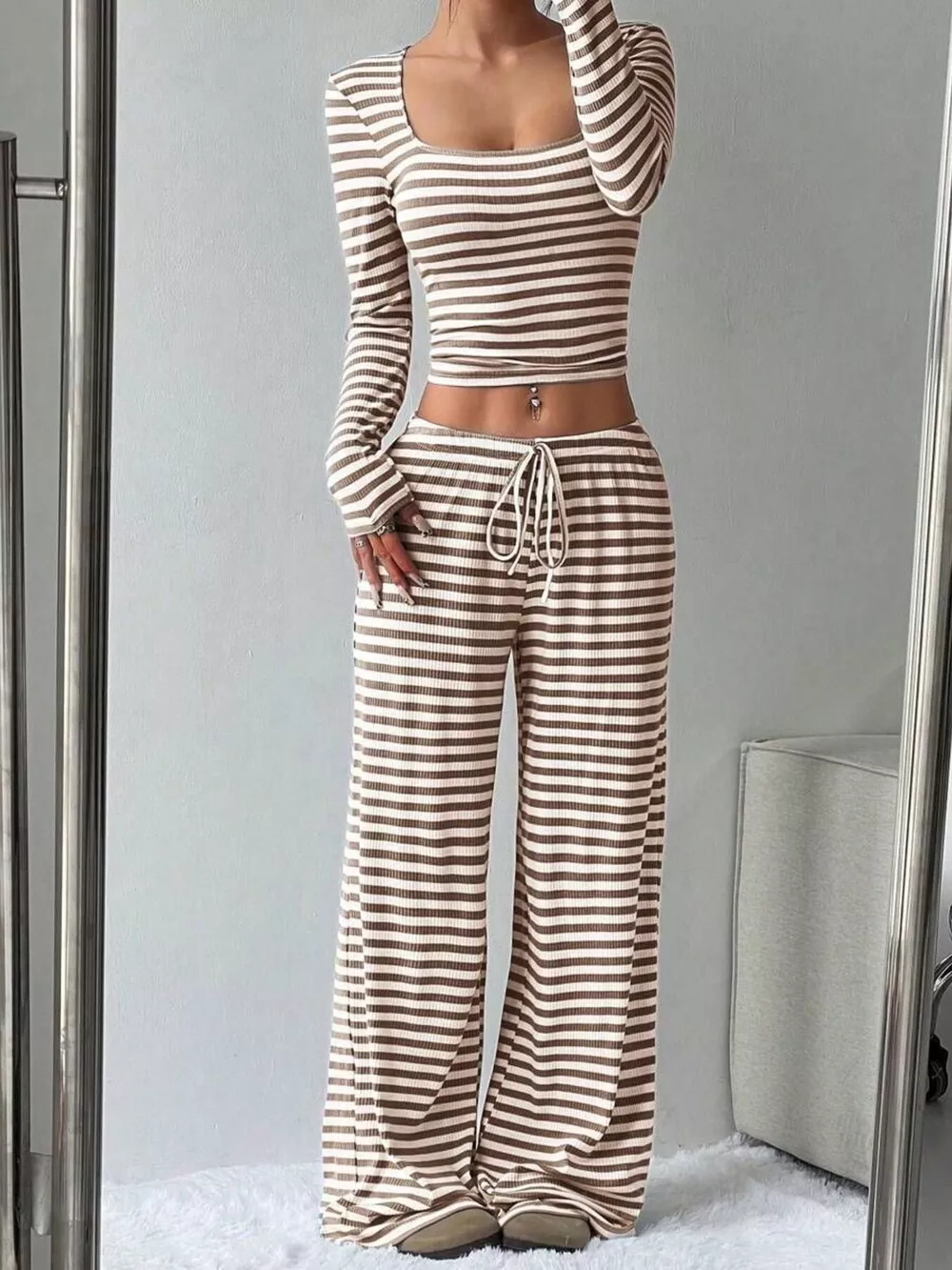 Striped Long Sleeve Crop Top & Wide Leg Pants Set, image 6