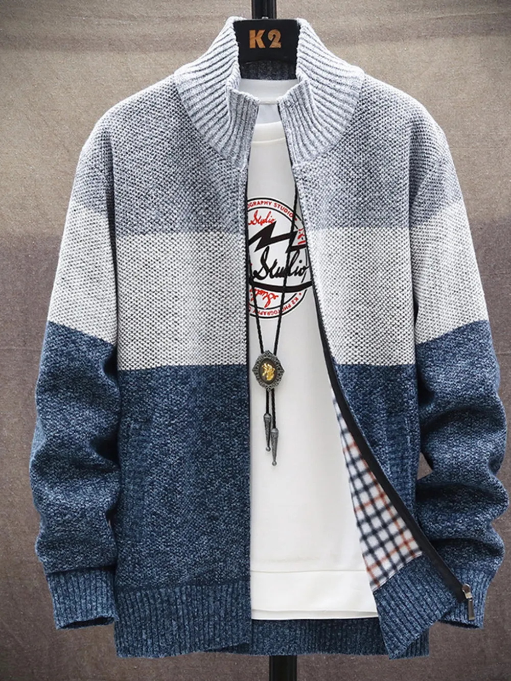 Men's Plus Size Color Block Zip Up Cardigan, image 4