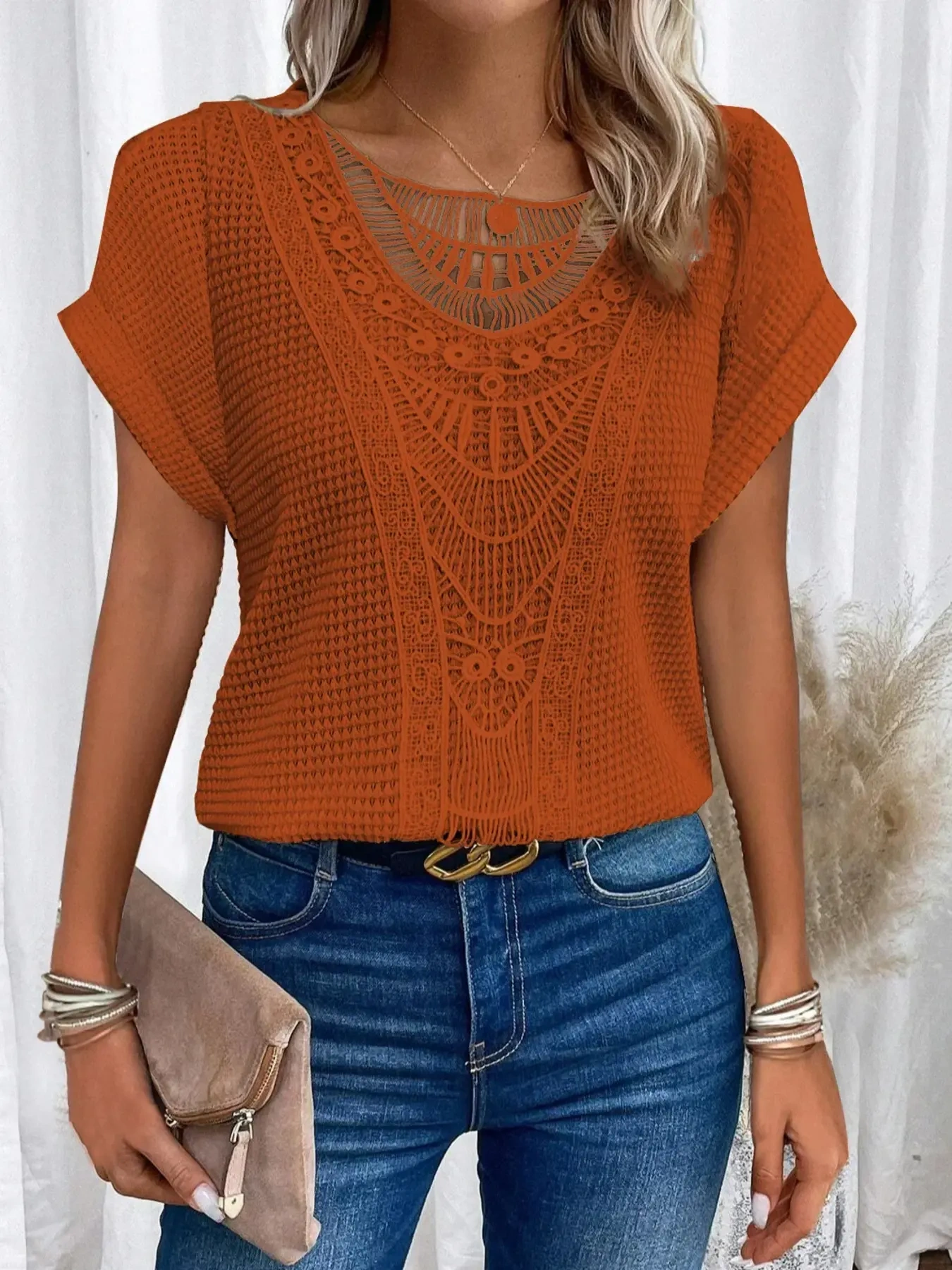 Crochet Lace Short Sleeve Casual T-Shirt, image 22