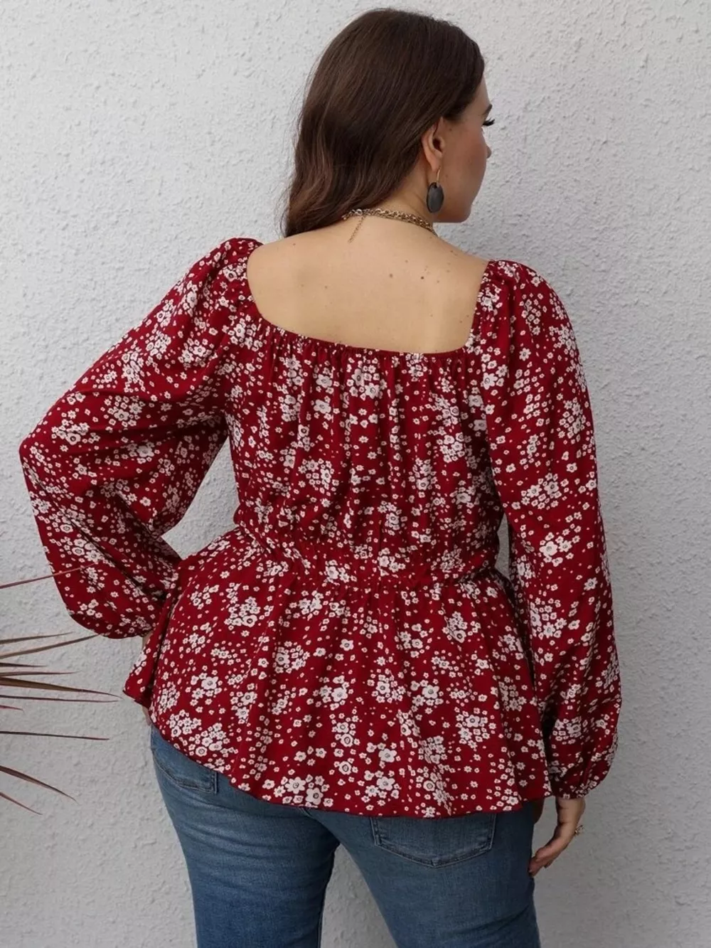Floral Print Square Neck Long Sleeve Peplum Blouse, image 2