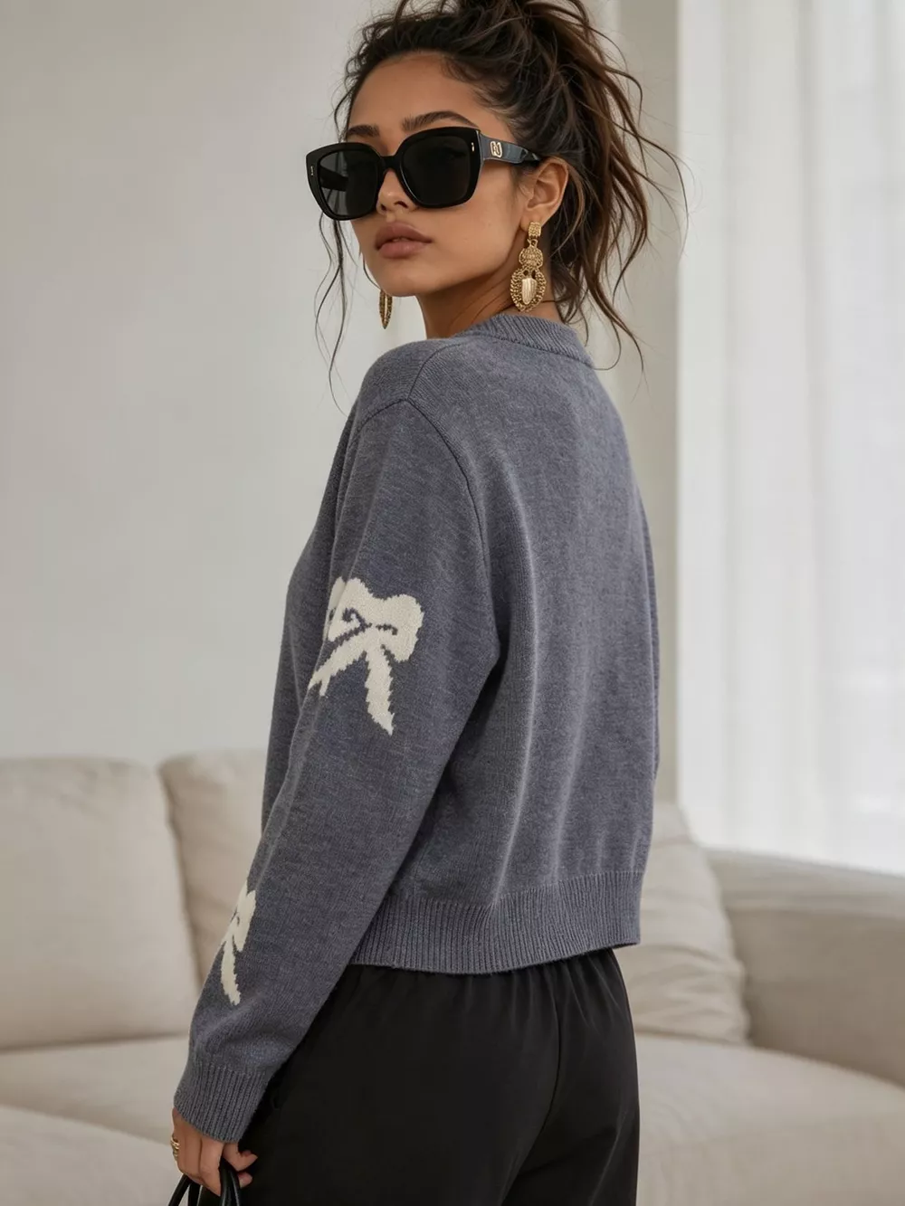 Floral Crew Neck Cropped Knit Cardigan, image 17