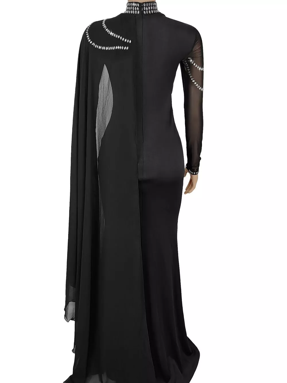 Rhinestone Slit Maxi Dress with Sheer Cape Sleeves, image 7