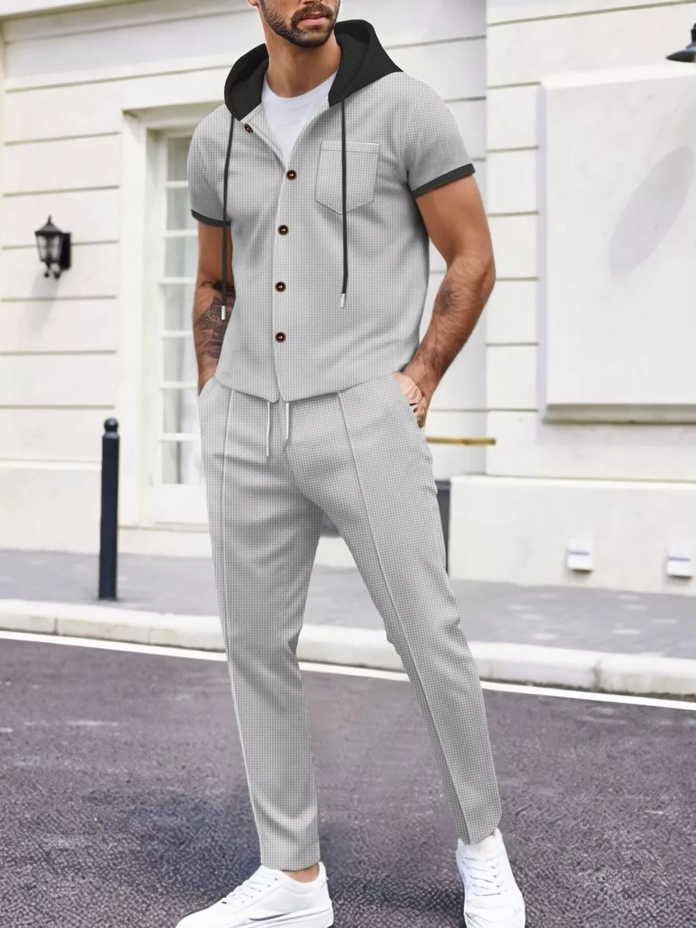 Men's Full Size Short-Sleeve Hooded Top and Shorts Set Plus Size, image 3