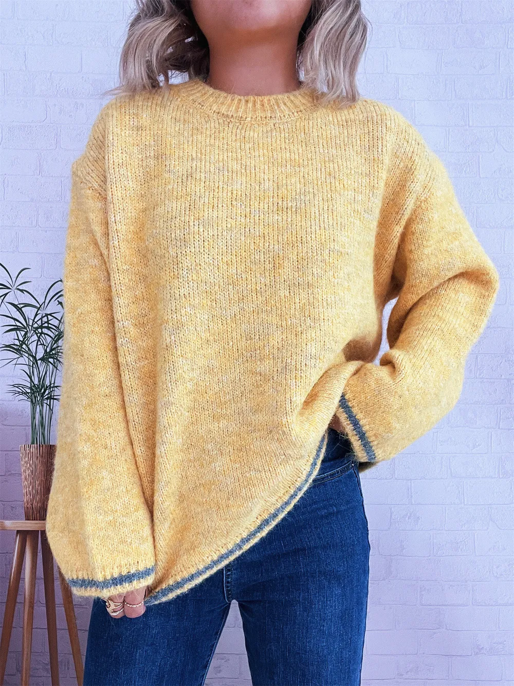 Contrast Trim Round Neck Cozy Sweater, image 23