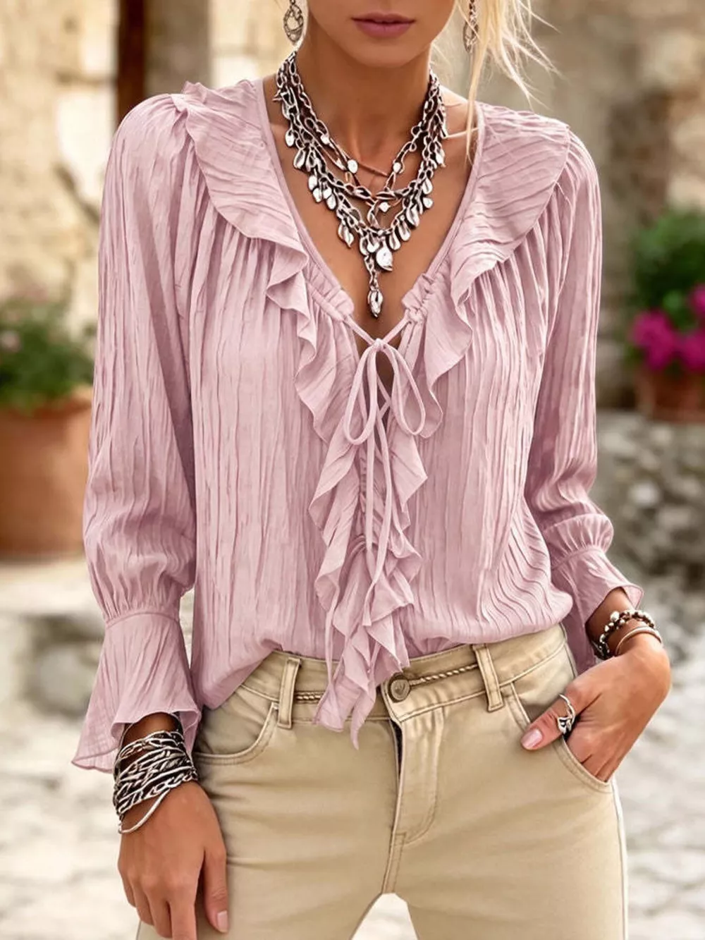 Full Size Ruffled Tie Neck Long Sleeve Blouse Plus Size, image 7