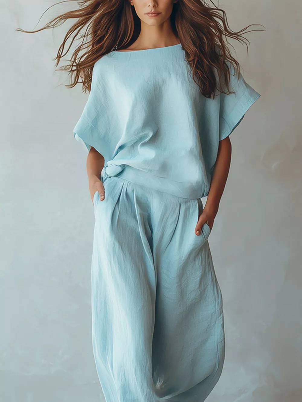 Full Size Solid Color Top and Wide-Leg Pants Set Plus Size, image 5