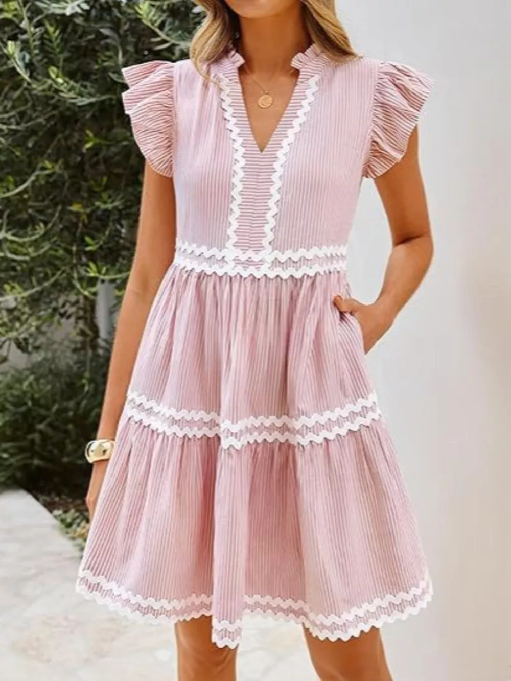 Striped Ruffle Sleeve Tiered Dress, image 11