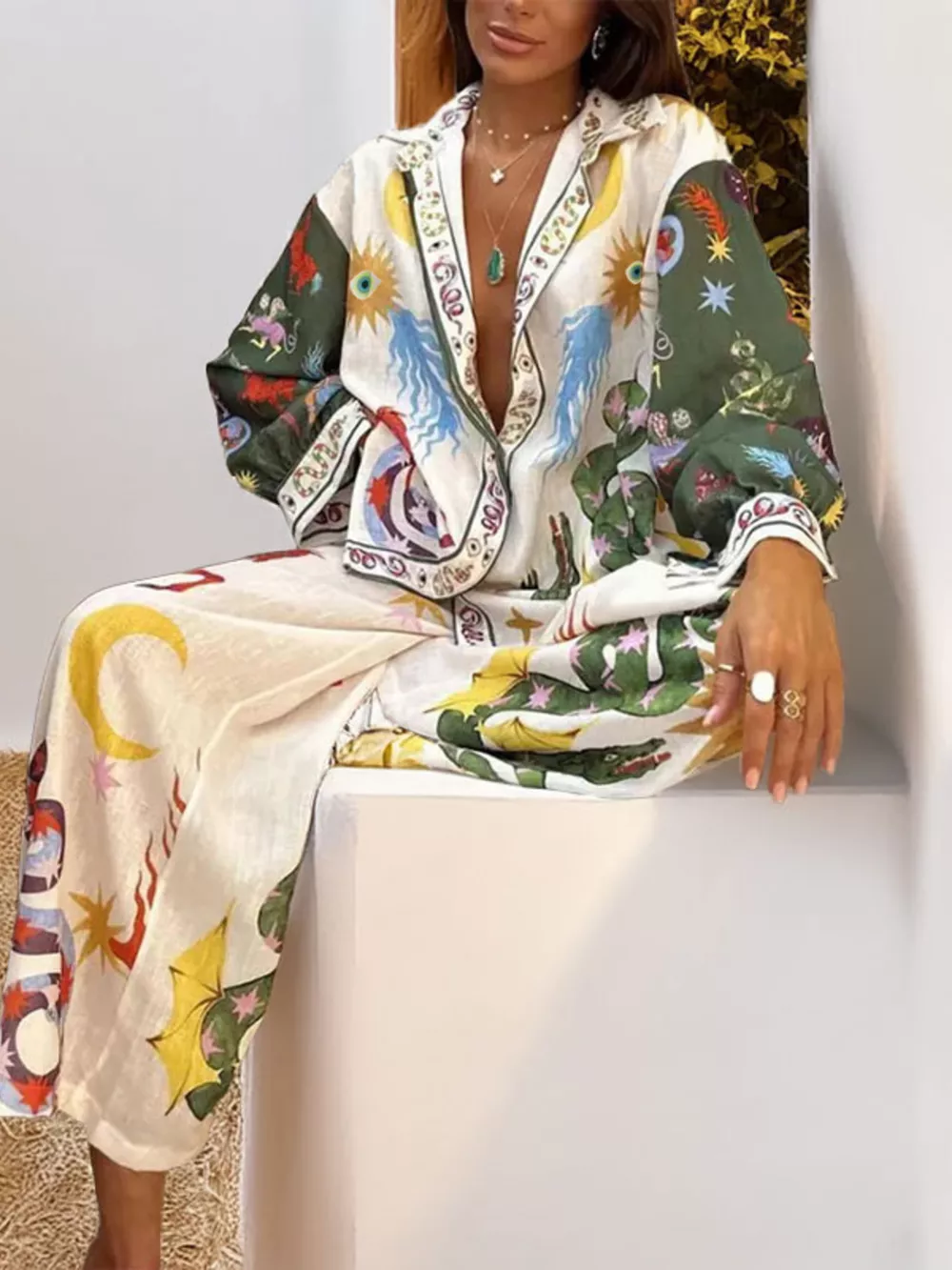 Full Size Printed Long Sleeve Shirt and Wide Leg Pants Set Plus Size, image 2