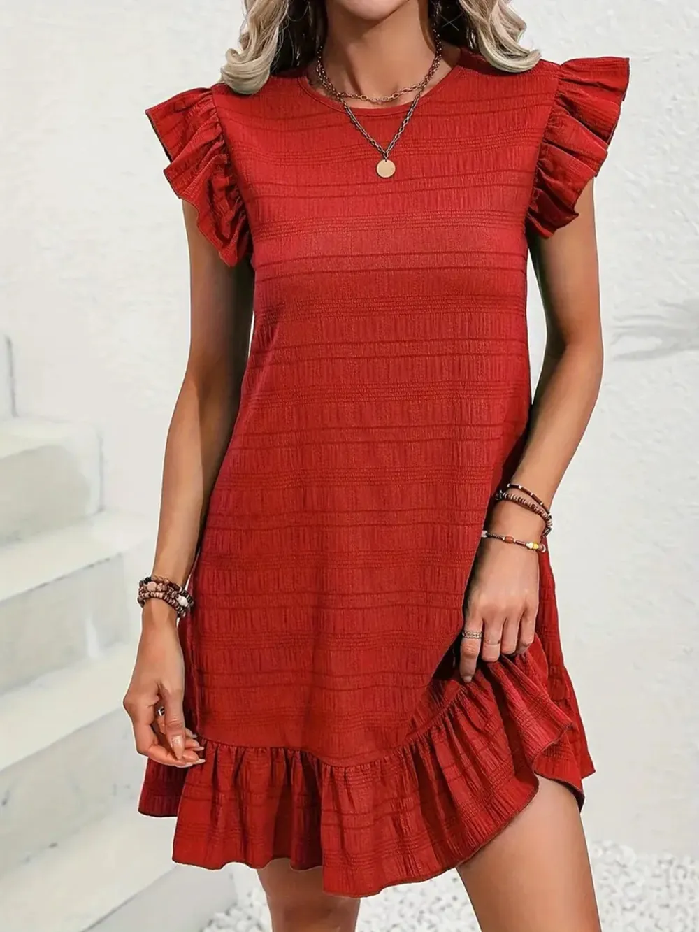 Full Size Ruffled Flutter Sleeve Textured Mini Dress Plus Size, image 5