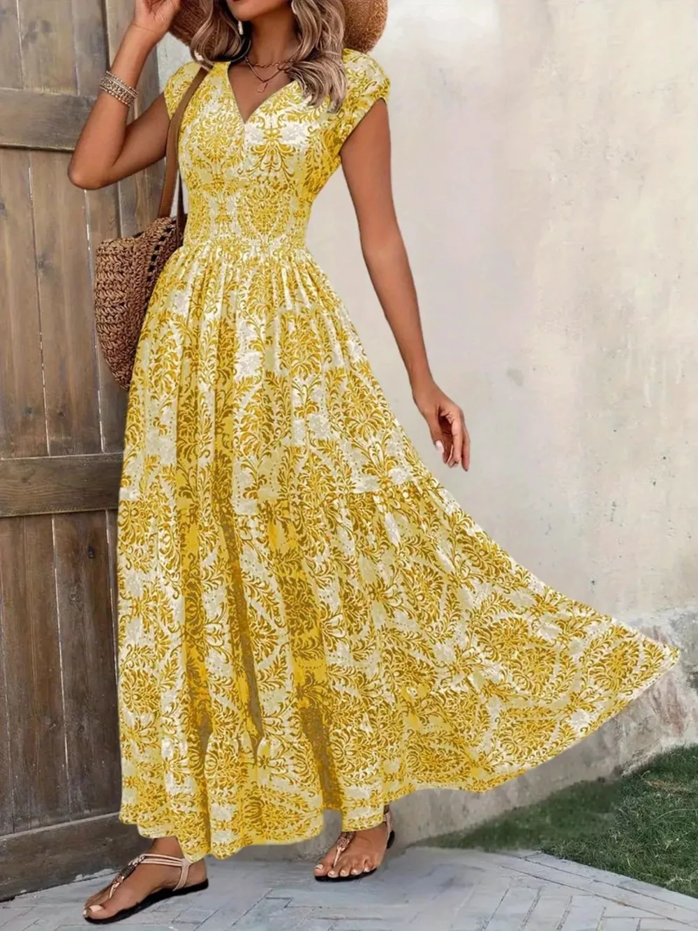 Printed Cap Sleeve Maxi Dress, image 4