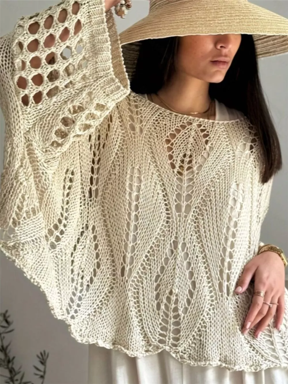 Boat Neck Crochet Knit Cover Up, image 2