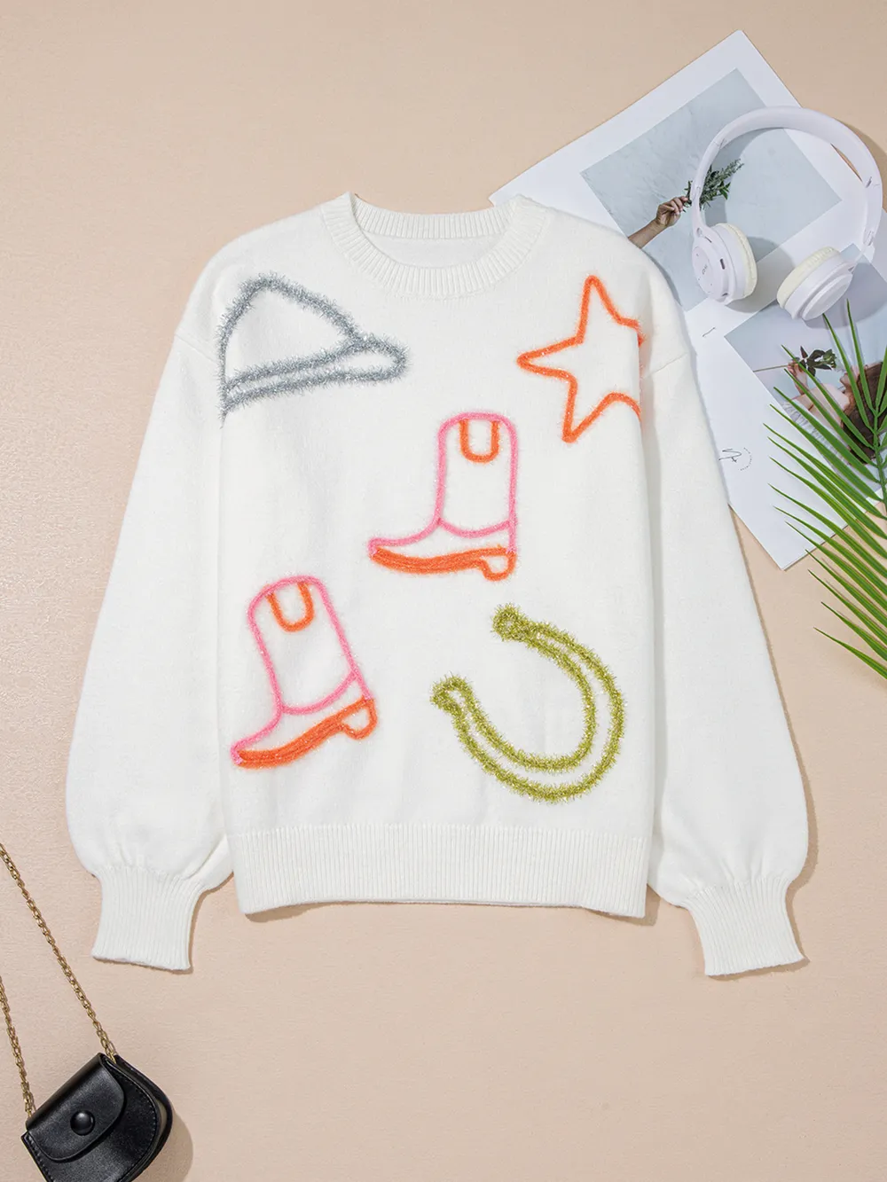 Western Boots Horseshoe Star Knit Crew Neck Sweater, image 2
