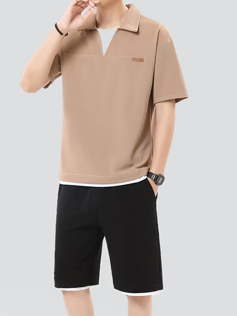 Men's Plus Size Johnny Collar Top and Shorts Set, image 6