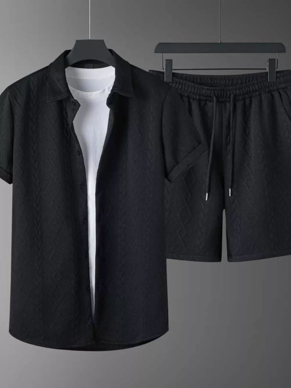 Men's Textured Knit Short Sleeve Polo & Shorts Set