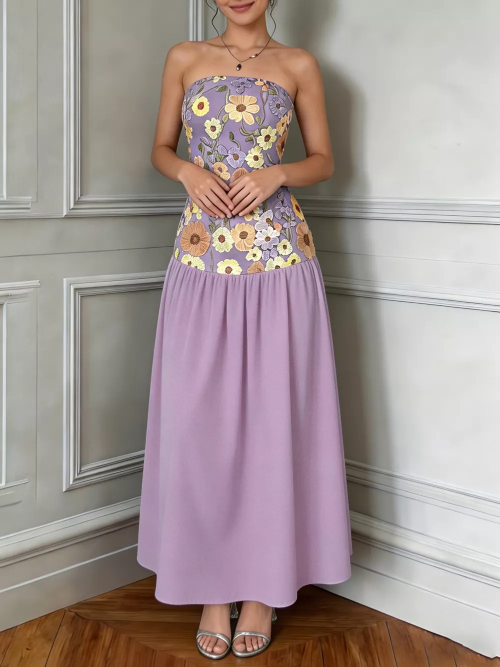 Floral Embroidered Tube Maxi Dress, image 6