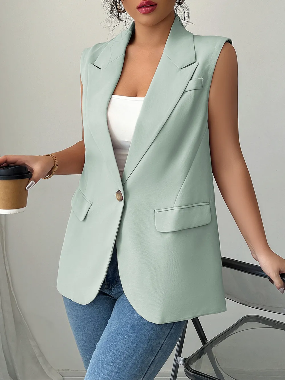 One Button V-Neck Blazer Vest Coat, image 6