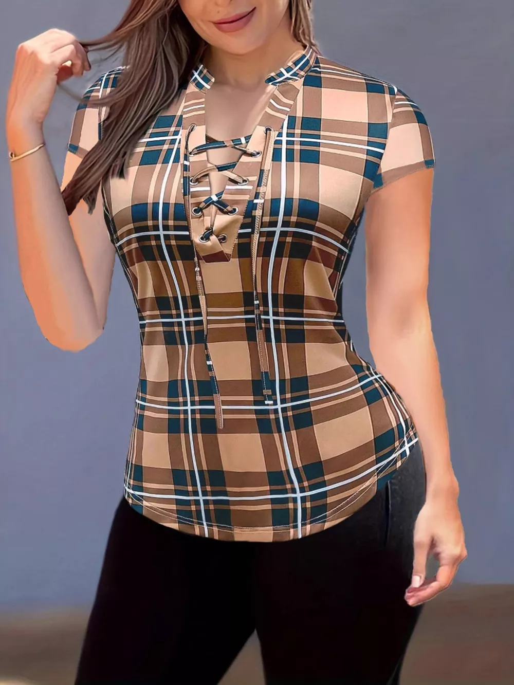 Plaid Lace-Up Short Sleeve Blouse, image 7