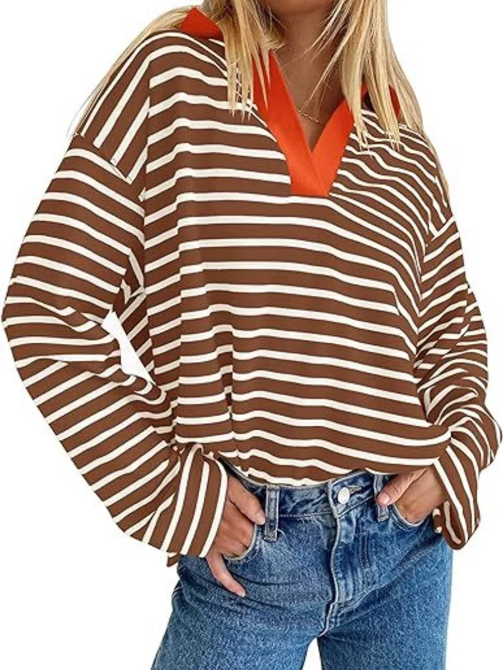 Striped Contrast Collar Long Sleeve Top, image 6
