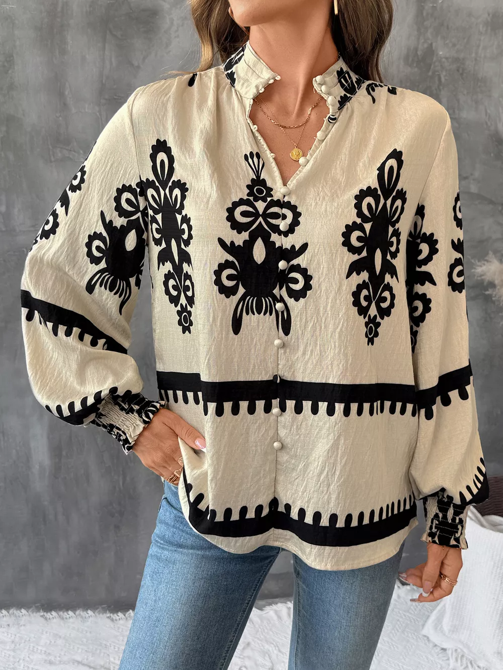 Printed Notched Lantern Sleeve Blouse, image 4