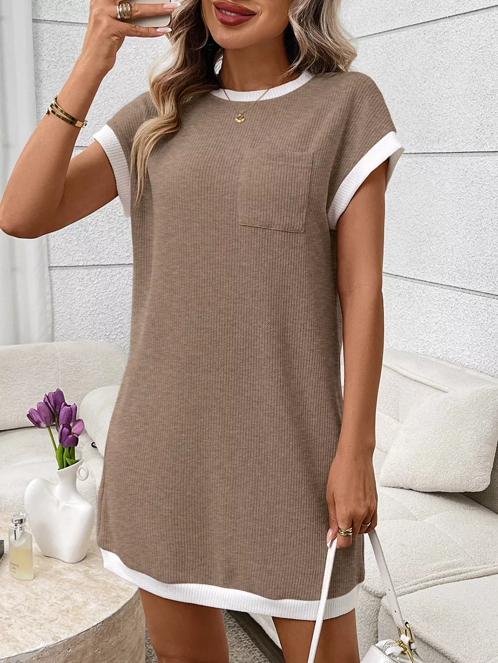 Contrast Trim Ribbed Knit Mini Dress with Pocket, image 3