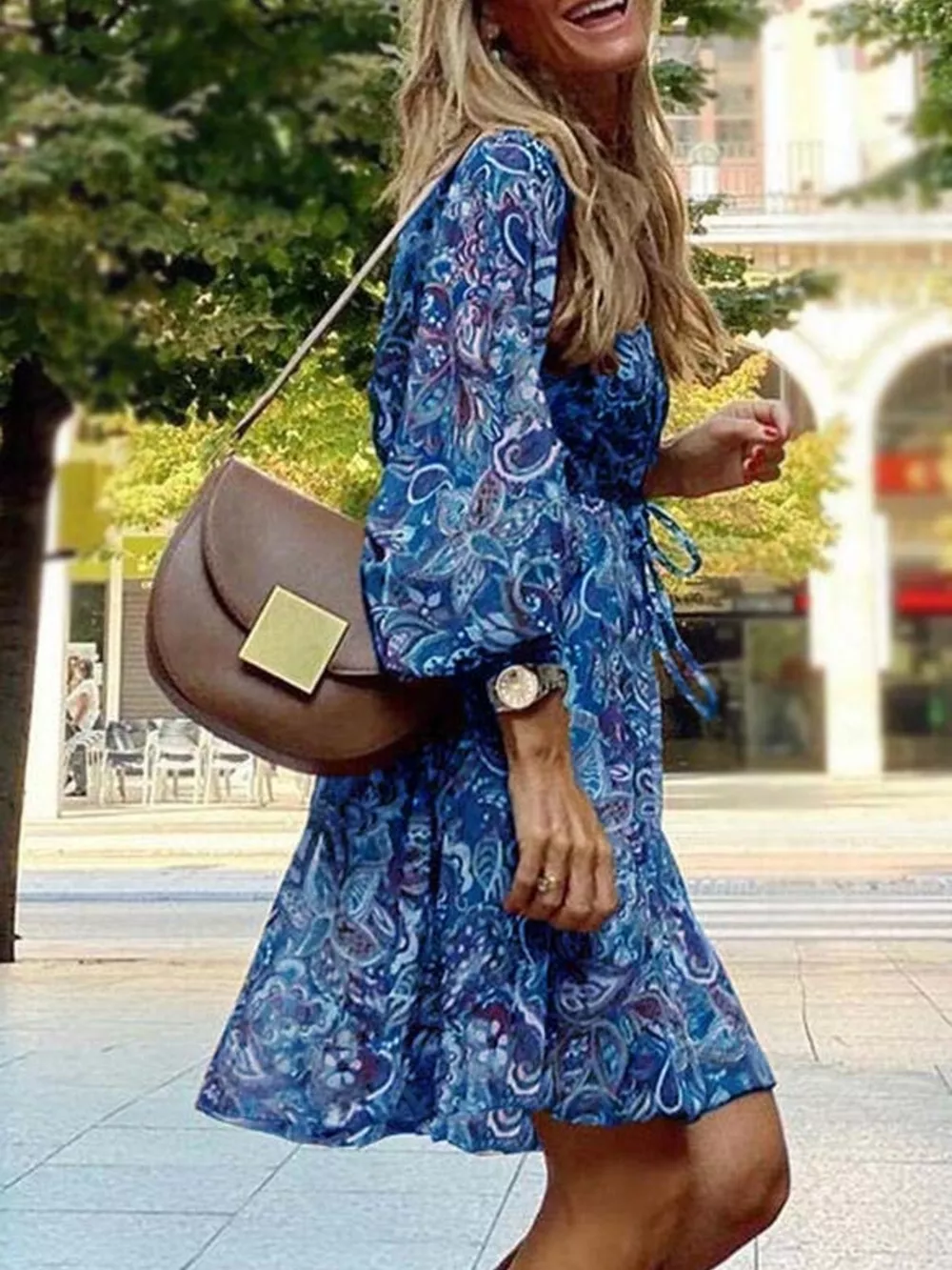 Full Size Paisley Print Long Sleeve Mini Dress Plus Size, image 5
