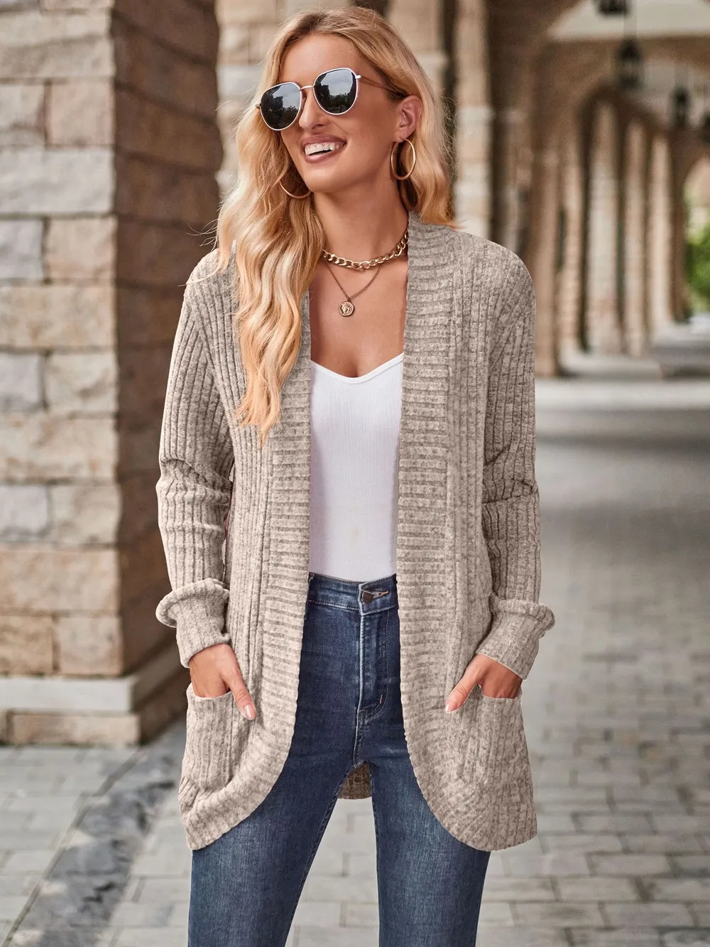 Ribbed Open Front Long Cardigan with Pockets, image 6